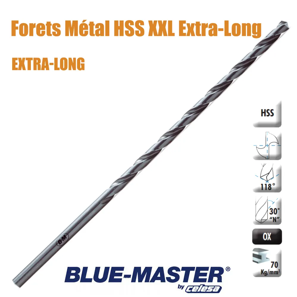 Foret à métaux extra long DIN 1869-TL HSS D. 3.5 x Lu. 180 x Lt.